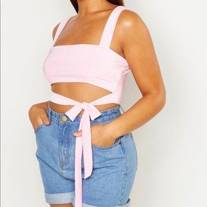 Boohoo Pink Front Tie Top